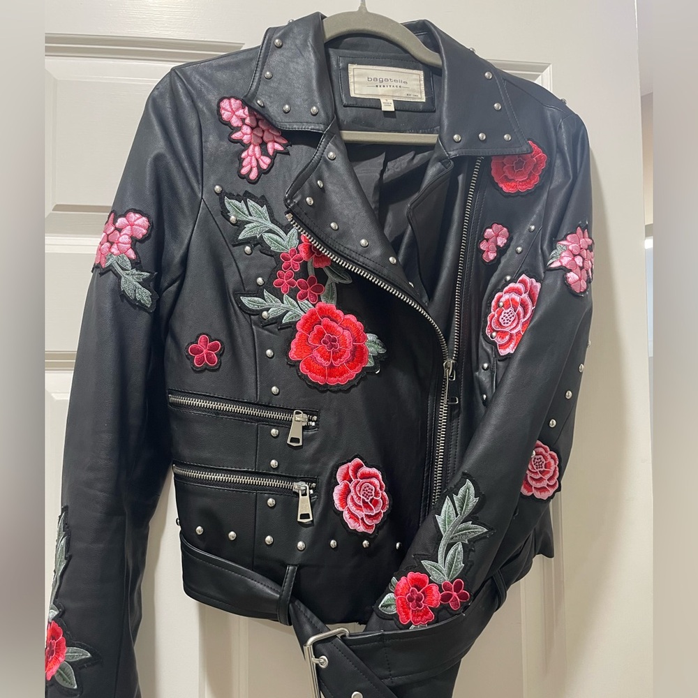 Bagatelle Black faux Leather Jacket with Pink and Red Floral Embroidery